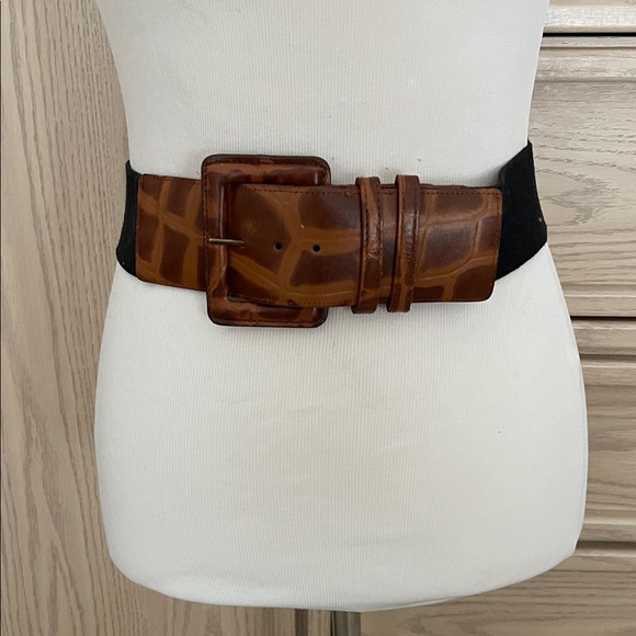 Vintage Tan & Black Vegan Leather Stretch Belt Wide Statement Buckle main image 7